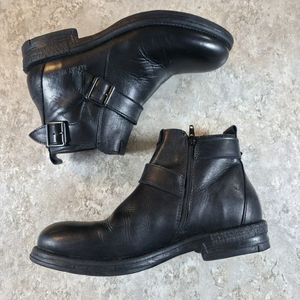 Replay Hert Biker Boots Black Leather Monk Strap Mens 7 - 7.5 / Womens 9 - 9.5‎